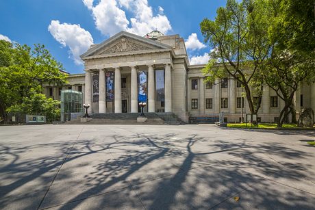 國立臺灣博物館本館正面，六根多立克式列柱支撐帶浮雕的三角楣飾，前方是寬闊的石板廣場。