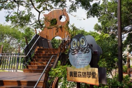 園區內的木構遊憩設施，設有木階梯、平台與圓形開口造型立面；前方立著一面貓頭鷹造型的解說看板與寫有「奧爾森林學堂」的木牌，四周是樹木。