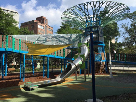 前港公園的天空樹遊戲塔，樹狀頂棚下有長長的不鏽鋼溜滑梯。