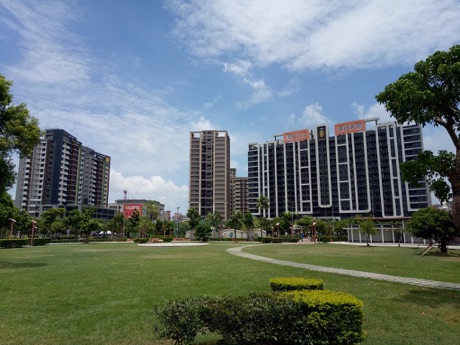 向陽公園的大草坪與步道，後方是中路重劃區高樓